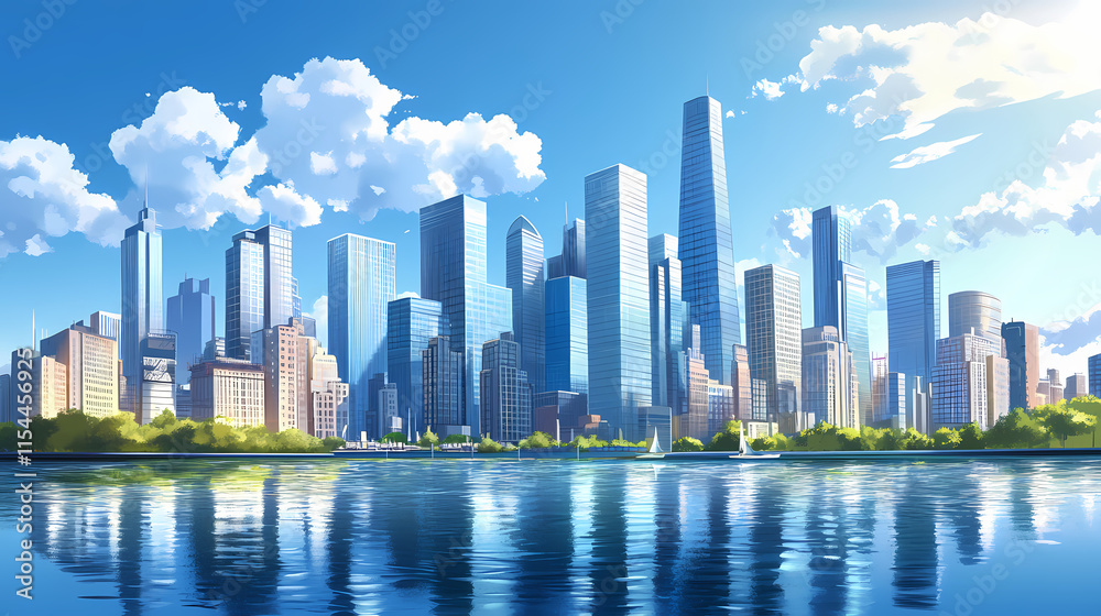Fototapeta premium Modern city skyline with glass skyscrapers by a waterfront, reflecting calm water under a clear blue sky with panoramic urban architectural views. Ironscape. Illustration
