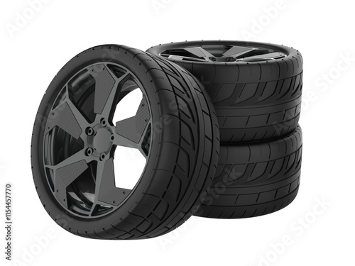 Black rim car wheel carbon fiber isolated on transparent background