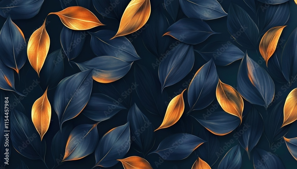 Elegant Nature Leaf Pattern With Luxury Dark Blue Tropical Leaves And Golden Accents: Perfect For Wallpaper, Print, Invitation, Poster, And Backdrop Designs. Elegant Nature Leaf Pattern With Luxury Dark Blue Tropical Leaves And Golden Accents: Perfect For Wallpaper, Print, Invitation, Poster, And Backdrop Designs.