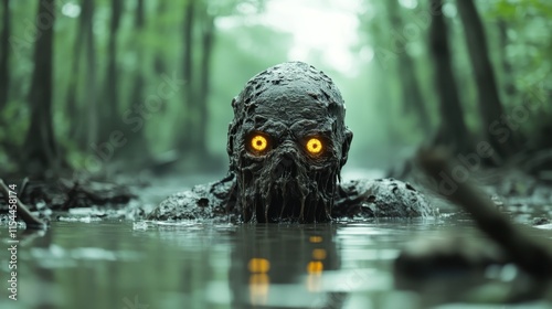 A grotesque figure with glowing eyes emerges partway from a muddy swamp, surrounded by dark, twisted trees, generating an aura of dread and otherworldliness. photo