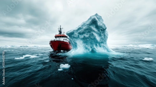 A towering iceberg looms in an icy ocean, with a bright red ship navigating its pristine environment, embodying the challenge and beauty of exploration. photo