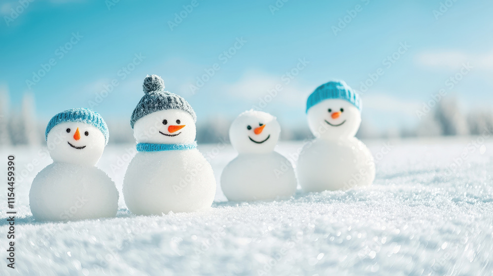 Cheerful Snowmen in Winter Wonderland with Bright Blue Sky and Soft Snow Covering the Ground Creating a Fun and Playful Atmosphere for Holiday Cheer Cheerful Snowmen in Winter Wonderland with Bright Blue Sky and Soft Snow Covering the Ground Creating a Fun and Playful Atmosphere for Holiday Cheer