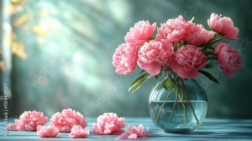 Fototapeta Naklejka Na Ścianę i Meble -  Pink peonies in a glass vase on a blue wooden table with sunlight streaming through a window.
