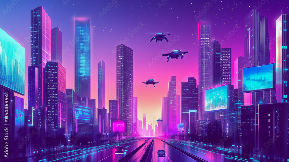 Obraz premium futuristic cityscape with flying vehicles, holographic billboards, and sleek skyscrapers