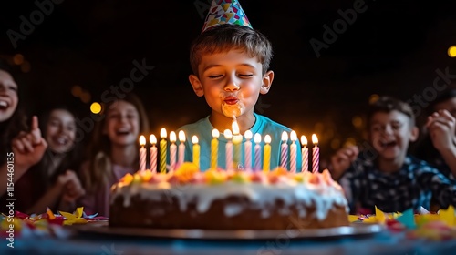Boy blowing out birthday candles with friends.