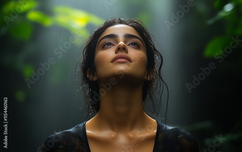 Woman looking up, surrounded by lush greenery. photo