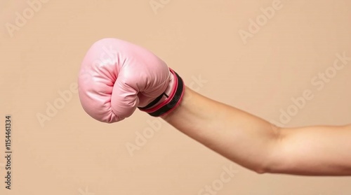 A woman's hand wearing boxing gloves with a pink breast cancer awareness ribbon, symbolizing strength and the fight against the disease.