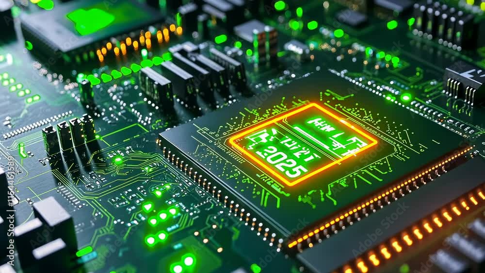 A close-up view of a modern circuit board featuring a glowing microchip with green lights. This image evokes technological advancement, showcasing intricate details and precision in design. A close-up view of a modern circuit board featuring a glowing microchip with green lights. This image evokes technological advancement, showcasing intricate details and precision in design.