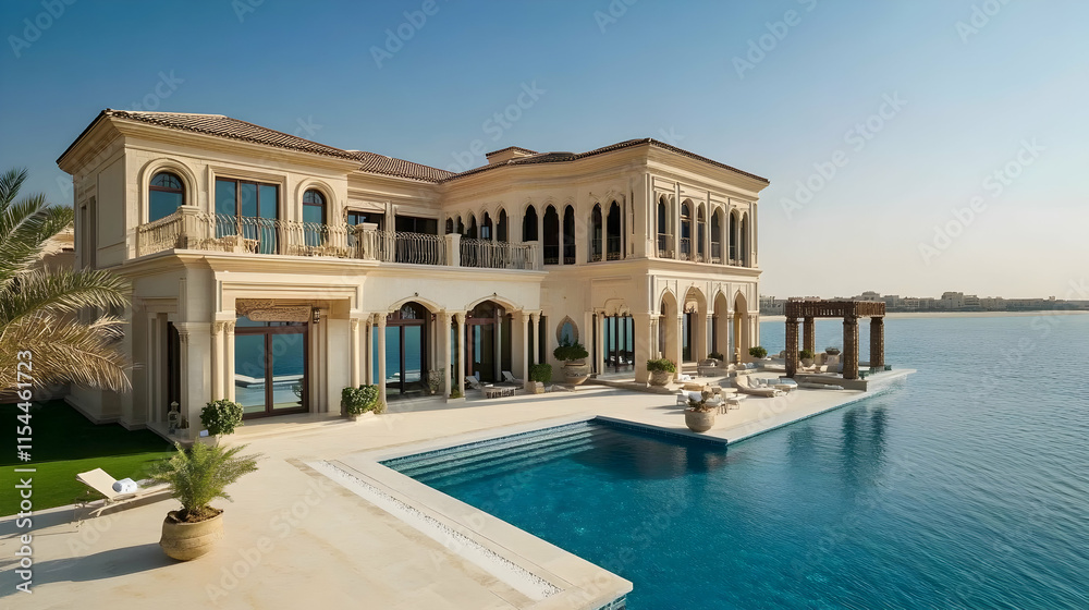 Obraz premium Luxurious beachfront villa in Dubai UAE with infinity pool and panoramic sea views