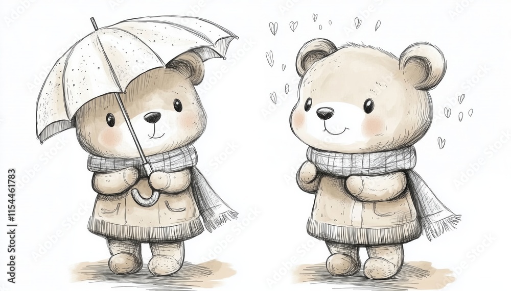 Naklejka premium Hand-Drawn Cute Bear Girl With Umbrella Design For T-Shirt Prints, Kids' Fashion, And Baby Shower Invitations. Perfect For Children'S Wear.