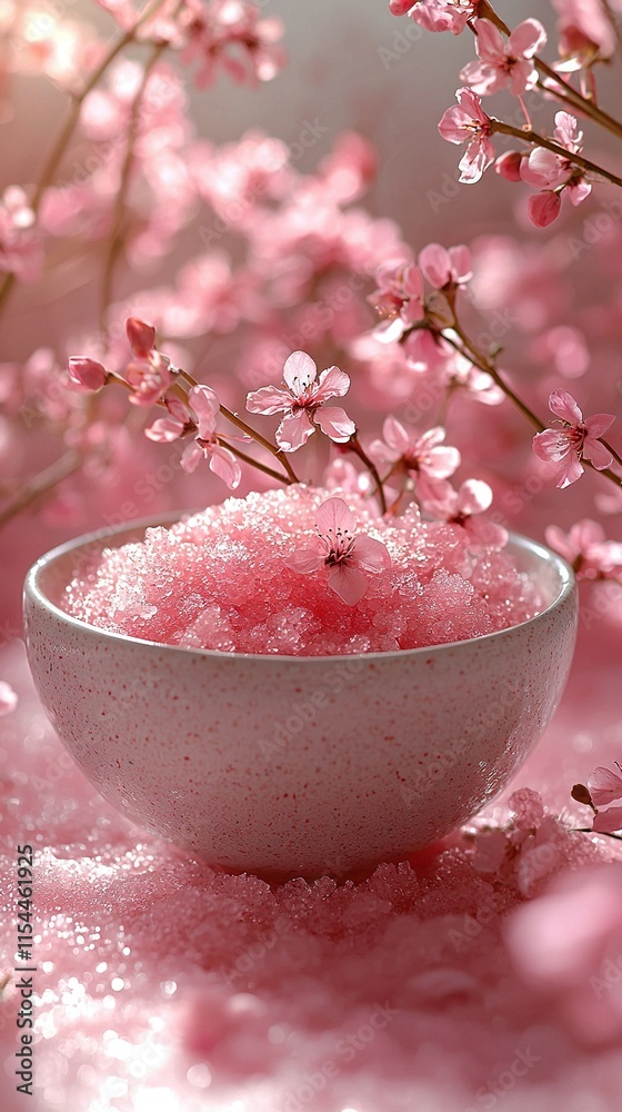 A bowl of pink substance sits atop a table, beside a branch adorned with pink blossoms A bowl of pink substance sits atop a table, beside a branch adorned with pink blossoms