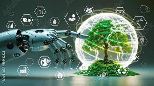 Green Energy Renewable Sustainable. AI machine learning, Green tree and robotic hand on green nature background, green energy icon around it. Net zero emission 