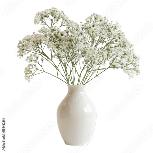 PNG Of A beautiful bouquet of white flowers in a sleek white vase, perfect for home decor, White or Transparent Background