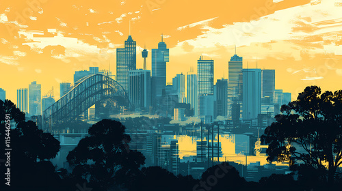 Digitally integrated smart city landscape of sydney s urban development. Ironscape. Illustration photo