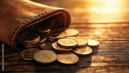 Green Cash And Gold Coins Are Displayed In A Money Wallet During A Payment Transaction. The Wallet Is Filled With Currency And Coins.