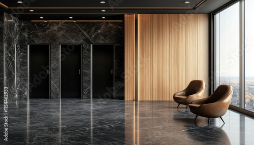 Modern Office Elevator Hall With Black Marble, Wooden Accents, And Panoramic Window. Three Doors, Brown Armchair, And Poster. Toned Rendering Mock Up. photo