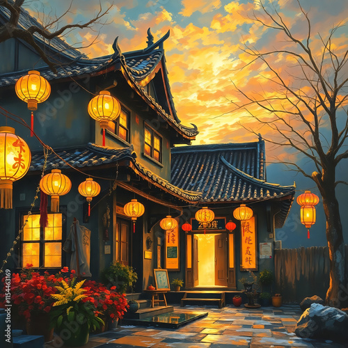 illustration of lanterns in front of the house on Chinese New Year's Eve photo