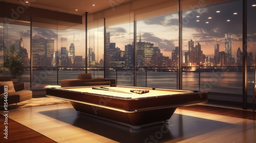 Luxury Apartment with Stunning Cityscape View at Nighttime Billiards Game