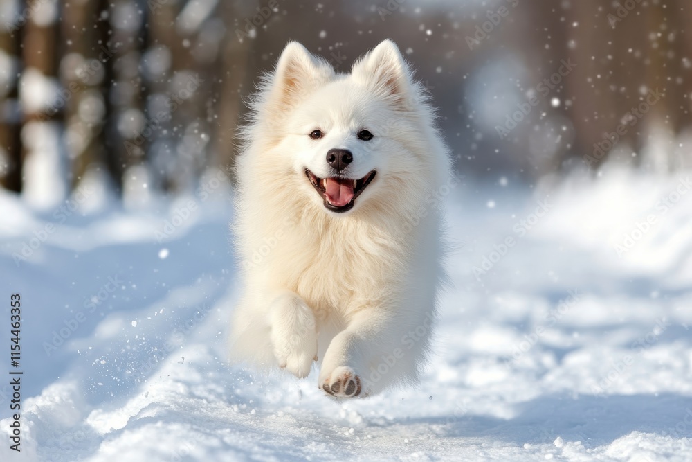 This happy Samoyed thrives in a lush winter landscape, bounding through the snow with excitement, capturing the essence of joy and playfulness inherent in dogs.