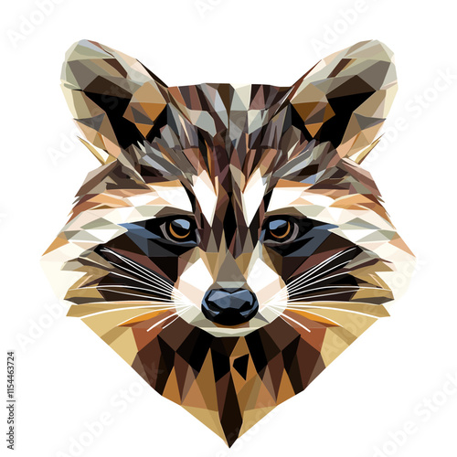 Intricate geometric representation of a raccoon head with detailed facial features and vibrant colors