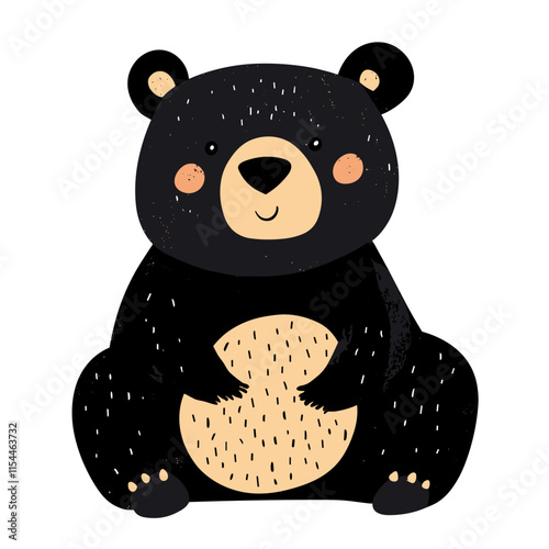 Cute cartoon black bear sitting happily with a friendly expression in a simple design style