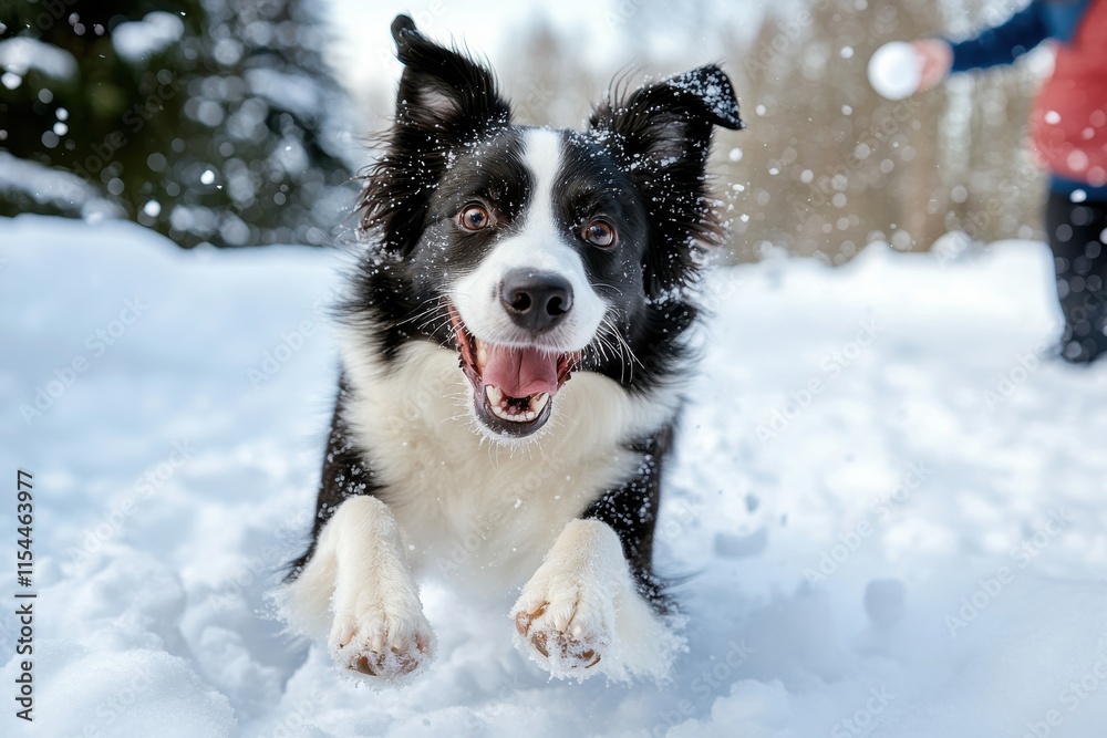 An adorable dog joyfully plays in the snowy landscape, conveying sheer happiness and excitement as it engages with the falling snowflakes in a delightful winter adventure. An adorable dog joyfully plays in the snowy landscape, conveying sheer happiness and excitement as it engages with the falling snowflakes in a delightful winter adventure.