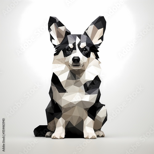 Low poly corgi dog illustration with geometric shapes on a light background with copy space