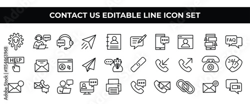 Contact Us Icon Set featuring editable line icons of phones, emails, location pins, and communication symbols. Perfect for websites, business cards, branding, and customer support materials. 