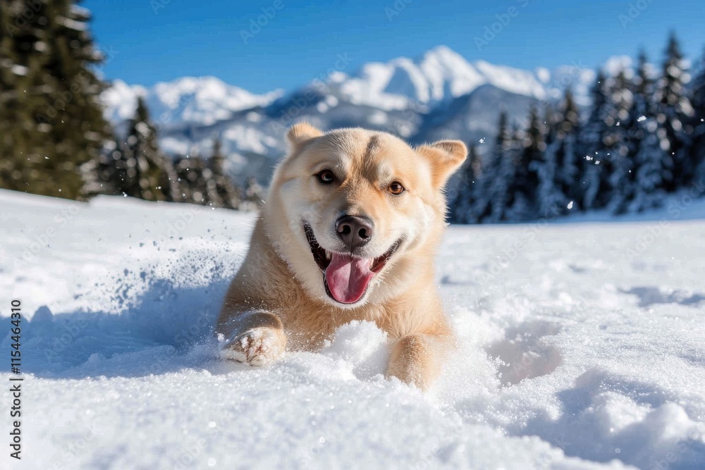 A joyful dog dashes through a snow-covered landscape, showcasing its playful spirit against a stunning backdrop of snow-capped mountains and evergreen trees. A joyful dog dashes through a snow-covered landscape, showcasing its playful spirit against a stunning backdrop of snow-capped mountains and evergreen trees.