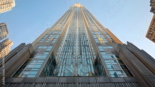 Iconic art deco skyscraper in New York City with geometric patterns and reflective glass photo