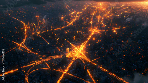 A breathtaking bird s eye view of a vast illuminated cityscape with an intricate network of highways and bridges linking different districts. Ironscape. Illustration photo