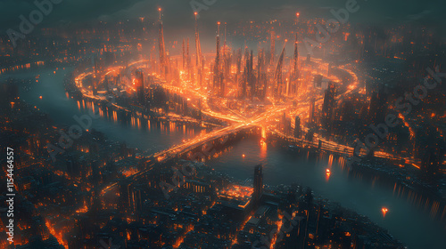 A breathtaking bird s eye view of a vast illuminated cityscape with an intricate network of highways and bridges linking different districts. Ironscape. Illustration
