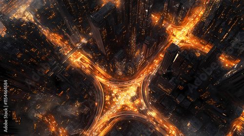 A breathtaking bird s eye view of a vast illuminated cityscape with an intricate network of highways and bridges linking different districts. Ironscape. Illustration photo