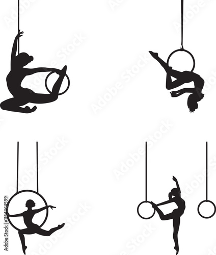 gymnast vector silhouette of isolated suspended aerial pose on rings on white background