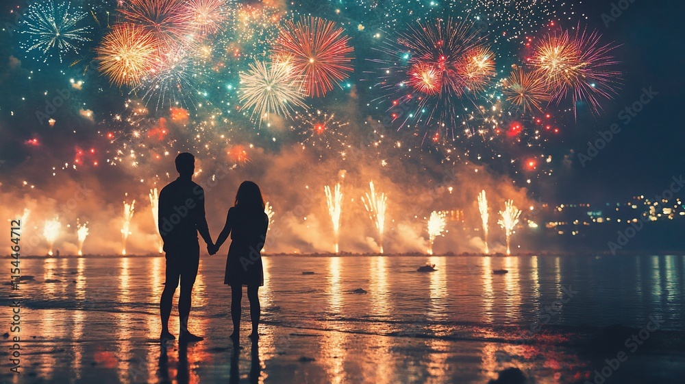 Fototapeta premium Romantic couple watching fireworks over the ocean at night.
