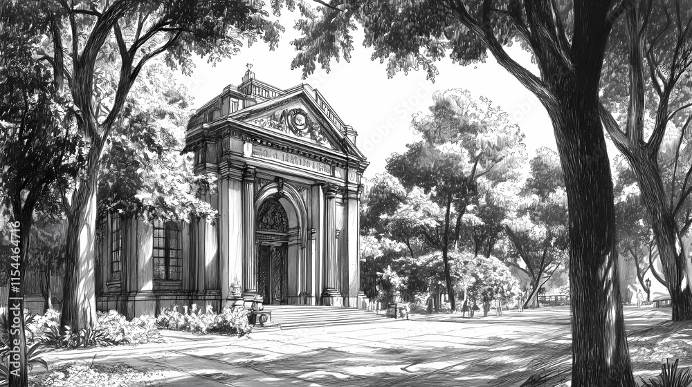 Naklejka premium A detailed black and white sketch beautifully captures a historic sanctuary, featuring elegant architectural elements and a lively scene, rich in cultural significance. Ironscape. Illustration