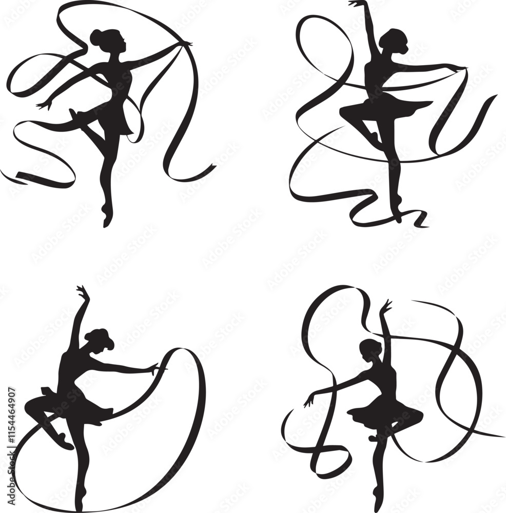 gymnast vector silhouette of isolated elegant ribbon dance movement on white background gymnast vector silhouette of isolated elegant ribbon dance movement on white background