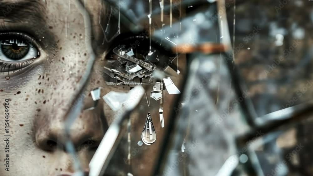 A girl s face is seen through a cracked mirror, symbolizing broken identity and inner struggles.