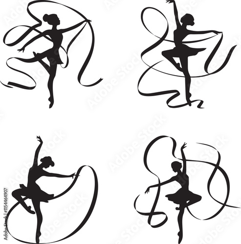 gymnast vector silhouette of isolated elegant ribbon dance movement on white background 