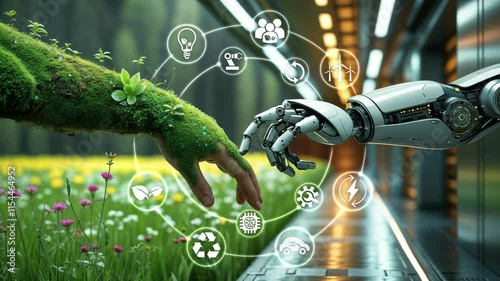 Sustainable development goal (SDGs) concept. Robot hand touch plants with Environment icon. Green technology and Environmental technology.Artificial Intelligence and Technology ecology.esg.