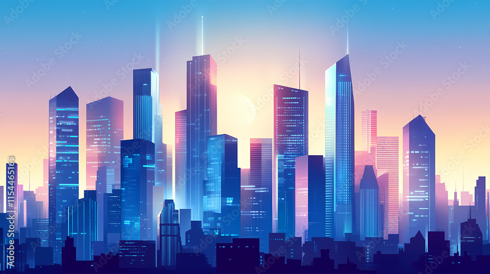 A sleek, modern city illustration with geometric skyscrapers in various shades of blue, rising toward the light of a glowing horizon. Ironscape. Illustration A sleek, modern city illustration with geometric skyscrapers in various shades of blue, rising toward the light of a glowing horizon. Ironscape. Illustration