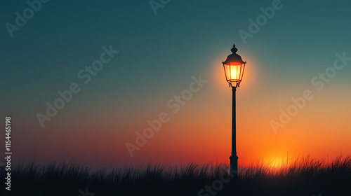 A solitary lamppost stands against a warm orange sunset, casting a calming glow on the horizon. the sky transitions from blue to golden hues around the silhouetted lamppost. Ironscape. Illustration photo