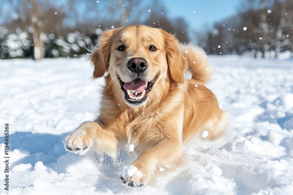 A happy golden retriever leaps through the fresh snow, showcasing its playful nature and joyful spirit in a bright winter landscape full of sparkling snowflakes. A happy golden retriever leaps through the fresh snow, showcasing its playful nature and joyful spirit in a bright winter landscape full of sparkling snowflakes.