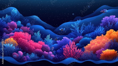 A vibrant underwater scene featuring colorful corals and marine life in a serene environment. photo