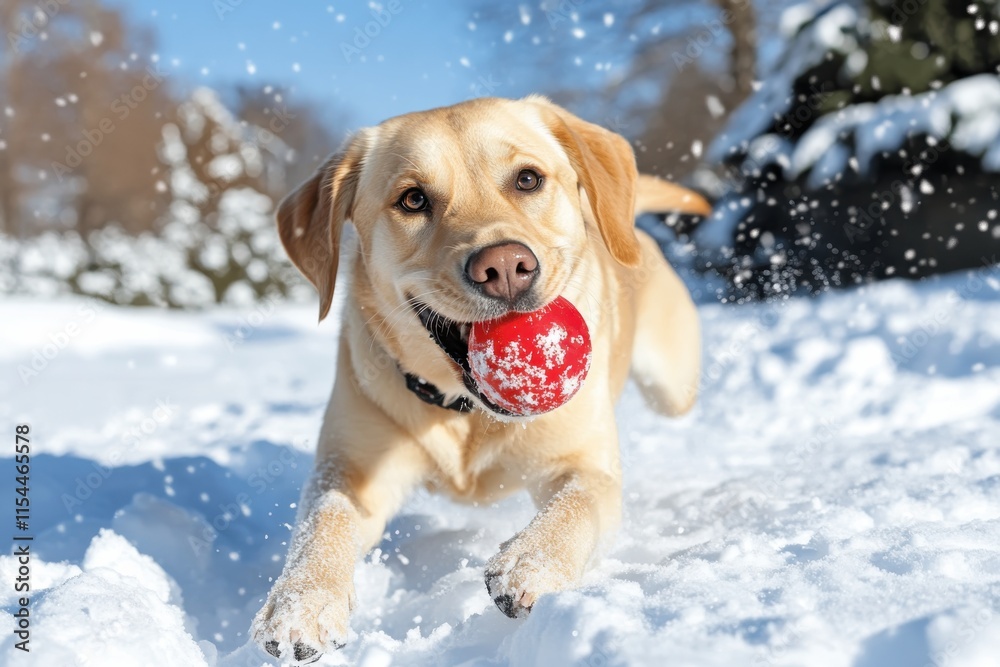 This adorable labrador is captured mid-leap in the snow, proudly holding a red ball, demonstrating excitement and a zest for life during winter activities. This adorable labrador is captured mid-leap in the snow, proudly holding a red ball, demonstrating excitement and a zest for life during winter activities.