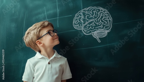 Young Boy In White Shirt And Glasses Smiling Next To Blackboard With Full Brain Sketch. Demonstrating Creativity And Critical Thinking. photo