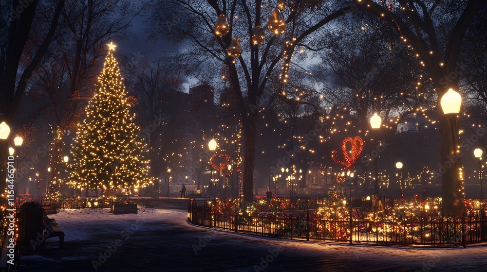 Snowy park at night with decorated Christmas tree, illuminated by warm lights Snowy park at night with decorated Christmas tree, illuminated by warm lights