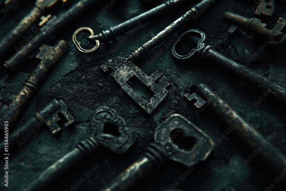 A collection of antique keys, tarnished with age and mystery, rests on a dark surface. A collection of antique keys, tarnished with age and mystery, rests on a dark surface.