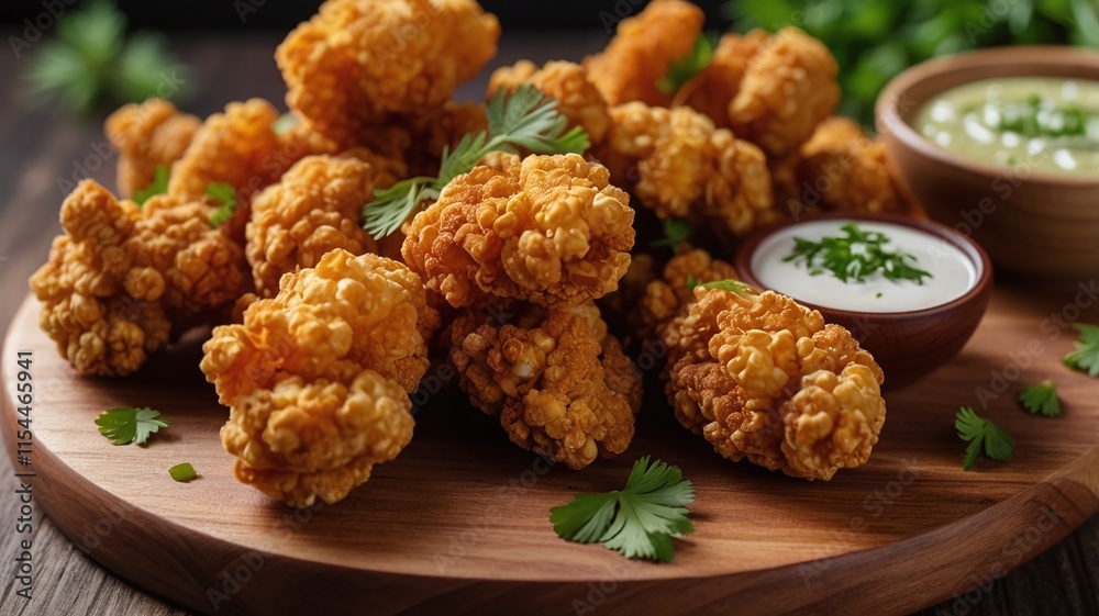 Close-up of crispy fried popcorn chicken pieces on a wooden platter, garnished with parsley and dipping sauces Close-up of crispy fried popcorn chicken pieces on a wooden platter, garnished with parsley and dipping sauces