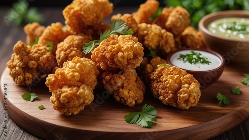 Close-up of crispy fried popcorn chicken pieces on a wooden platter, garnished with parsley and dipping sauces